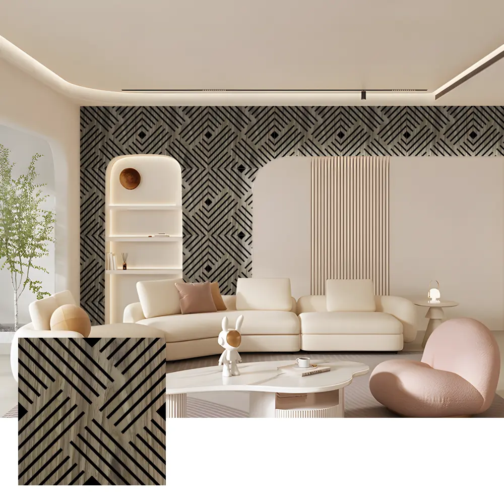 Ички дубалдар үчүн экологиялык таза Wood Slat акустикалык панелдер Ички дубалдар үчүн экологиялык таза Wood Slat акустикалык панелдер